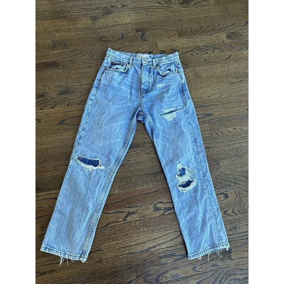 Topshop Women’s Distressed Straight Leg Editor Button Fly Jeans Size 26 L0568 - Picture 2 of 13